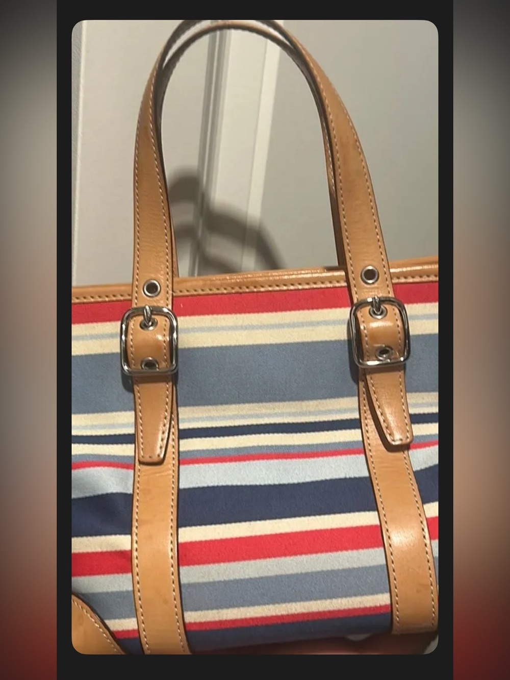 Coach 2002 vintageMini Hampton Striped Canvas Tote with Tan Trim and Navy Accent